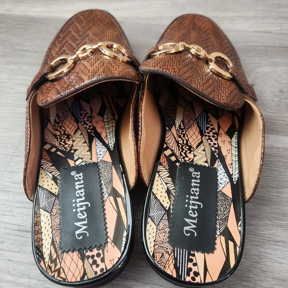 Meijiana Brown Woven Horsebit Mule Loafers Size‎ 8 Slip On Flats Comfort Elegant